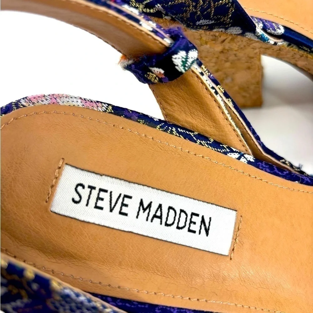 Steve Madden embroidered floral satin cork ankle strap platform shoes 9 no box